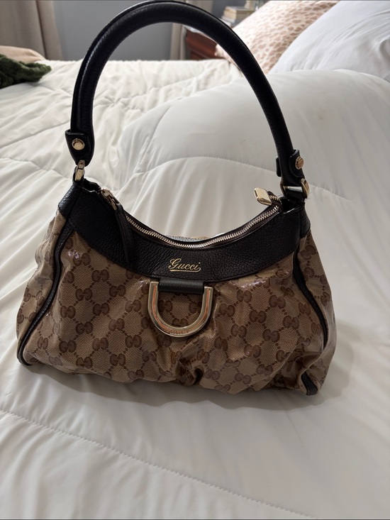 Gucci Handbags - Gucci Brown GG Canvas Shoulder Bag with Black Leather Trim and Gold Hardware